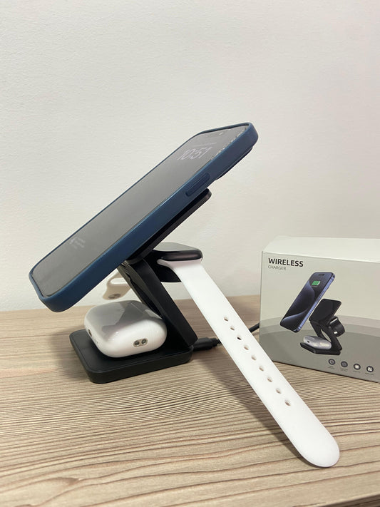 CARGADOR INALÁMBRICO PLEGABLE 3 EN 1 DE 15W - COLOR NEGRO
