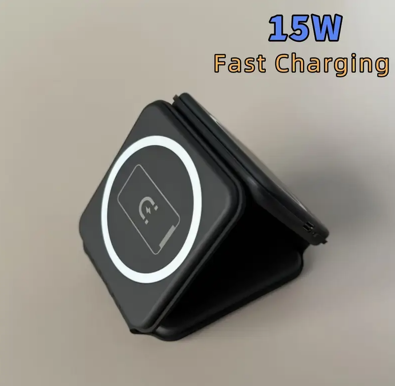 CARGADOR INALÁMBRICO PLEGABLE 3 EN 1 DE 15W - COLOR NEGRO