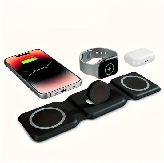 CARGADOR INALÁMBRICO PLEGABLE 3 EN 1 DE 15W - COLOR NEGRO