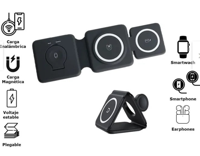 CARGADOR INALÁMBRICO PLEGABLE 3 EN 1 DE 15W - COLOR NEGRO